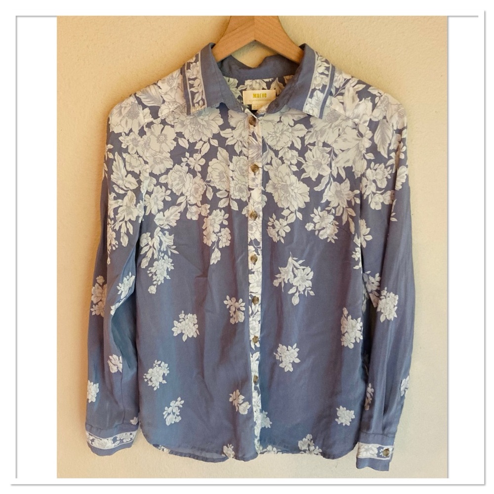 Anthropologie Maeve Rosalee Silk Button Up Front Shirt Floral Blue White Size 4 - Picture 5 of 10